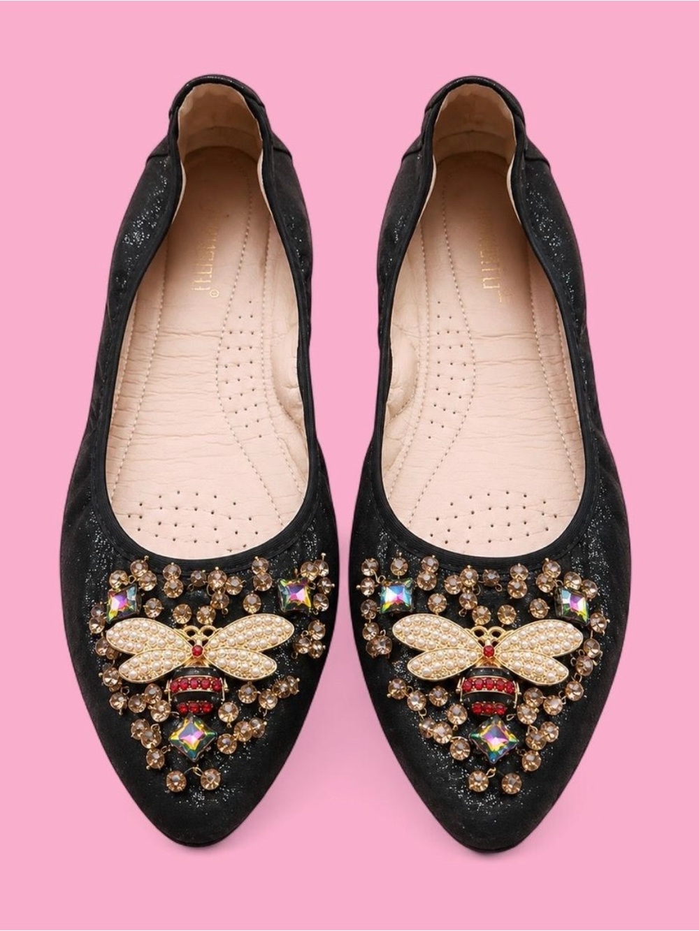 Black Jeweled Bee Ballet Flats Rhinestone Pearl Fairycore size 10